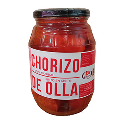 fotografía de un tarro de cristal que contiene chorizo de olla