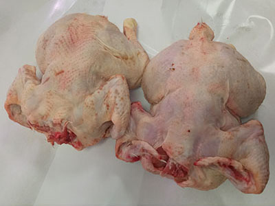 fotografía de dos pollos desplumados en la mesa de corte